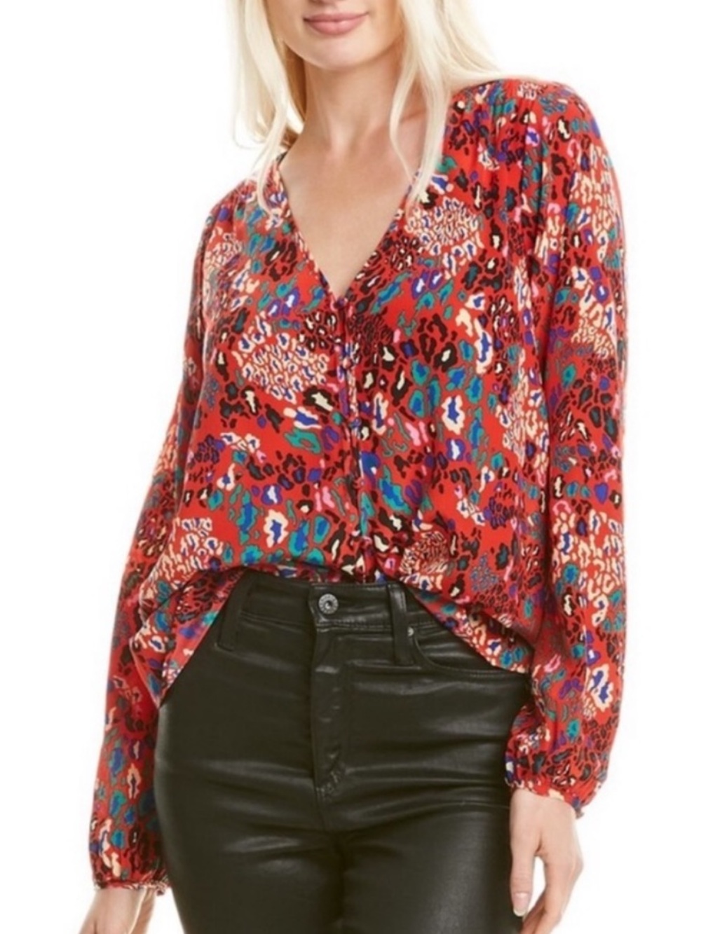 Tanya Taylor Red Multi-Print V-Neck Long Sleeve Silk Blouse